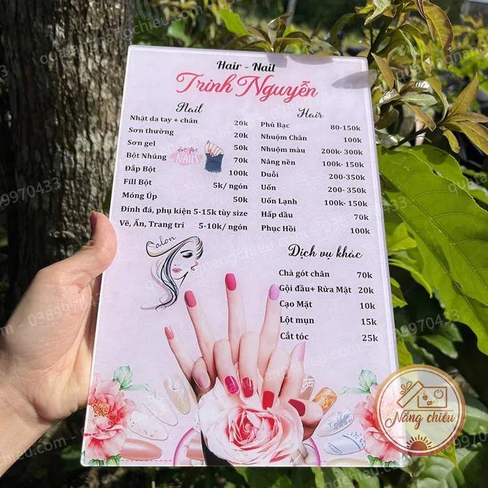Bảng Menu,bảng giá dịch vụ cho cửa hàng,Spa,Nails,Mi làm bằng mica chống  thấm nước - Thiết kế theo yêu cầu
