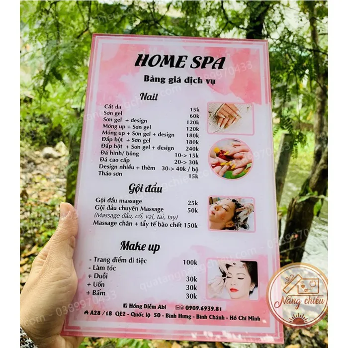 Bảng Menu,bảng giá dịch vụ cho cửa hàng,Spa,Nails,Mi làm bằng mica chống  thấm nước - Thiết kế theo yêu cầu