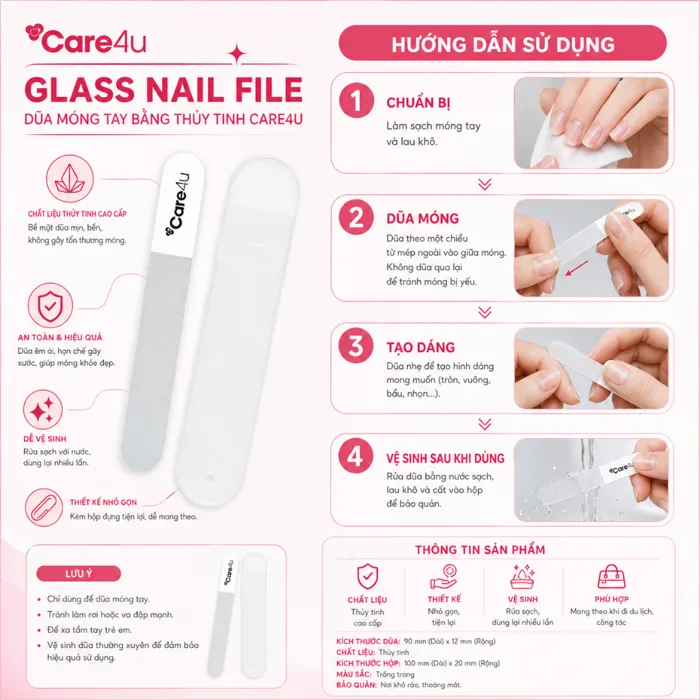 Combo 3 Dũa Móng Tay Thủy Tinh Care4u Cao Cấp Tạo Dáng Móng Làm Mịn Móng  Không Gây Xước Móng Bền Đẹp Dễ Vệ Sinh