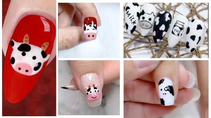 Tổng hợp mẫu nail bò sữa cute | Cách vẽ móng hình bò sữa cute đơn giản |  cute dairy cow nail designs