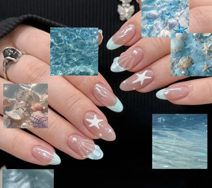 Nail màu xanh dương nhạt | Nail dạ quang, Mẫu nail đi biển đơn giản, Nail