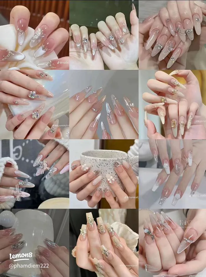 Tổng hợp mẫu nail đính đá sang trọng, ombre lấp lánh cho dịp Tết 2024–2026