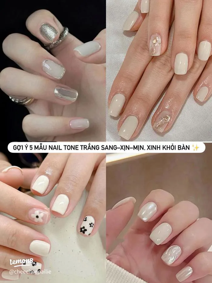 20+ mẫu nail trắng sữa sang chảnh: nhũ, đính đá nhẹ, tráng gương cực tôn da