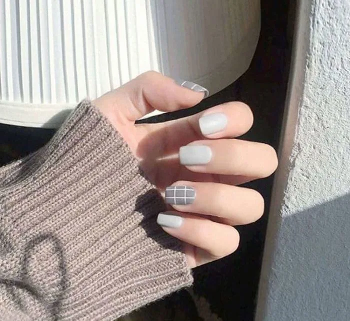 Gray White Short Matte False Nails | Press On Acrylic Nail Products | Cute  short grey