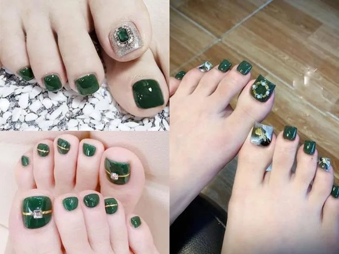 20+ nail móng chân đẹp màu xanh rêu sang chảnh