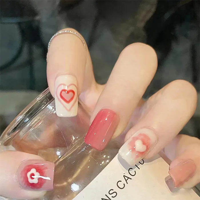 Bộ 24 móng tay giả màu hồng hình trái tim dễ thương A547, Mẫu nail ngắn đơn  giản đi học, đi làm