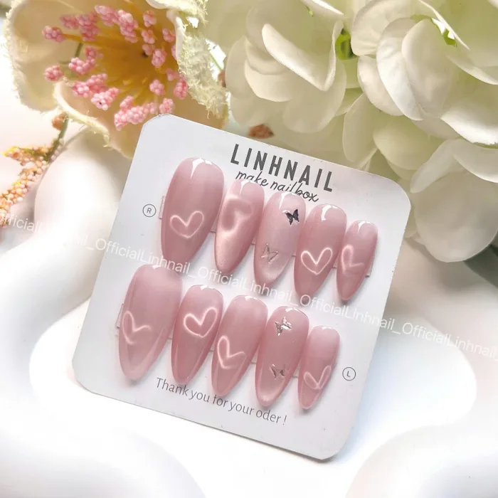 L082 Nail box thiết kế mắt mèo hồng cực quang hiệu ứng trái tim