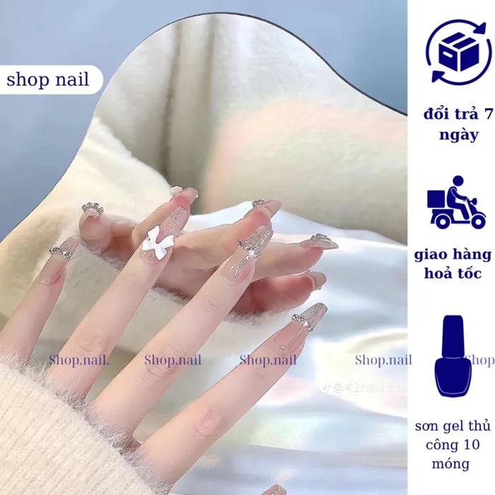 Nail box móng úp thiết kế tặng keo và dũa, móng tay giả đính đá sang trọng,  mẫu nail đẹp