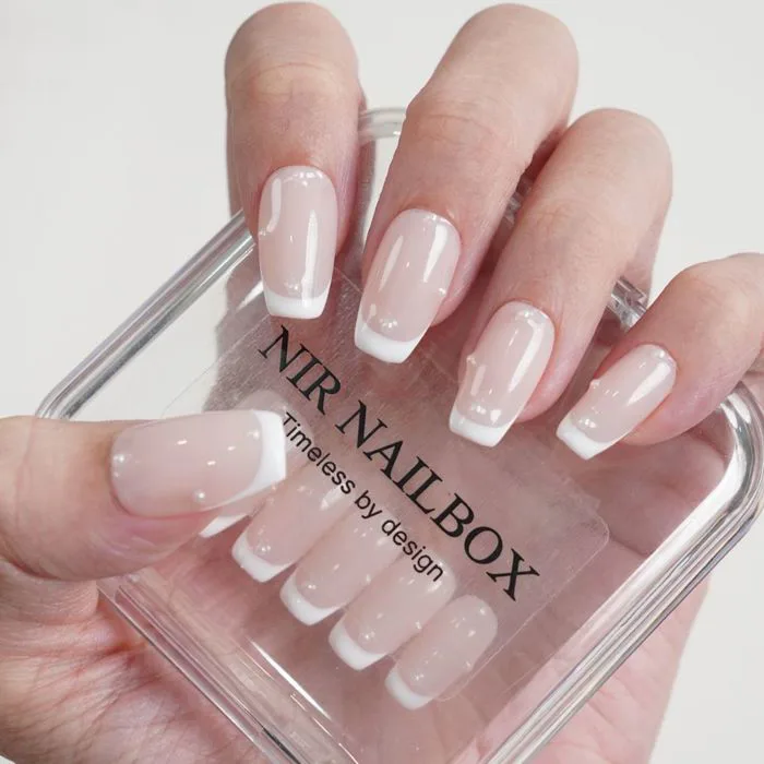 Nail Box Đính Hạt Phối French Trắng, Nailbox Thiết Kế Đơn Giản Nổi Bật Tay  - Nir nailbox N02