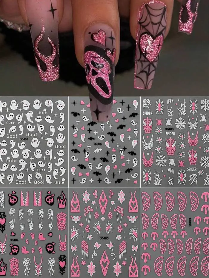 6 tấm sticker dán móng tay Halloween, 6 miếng decal móng 3D tự dính phong  cách