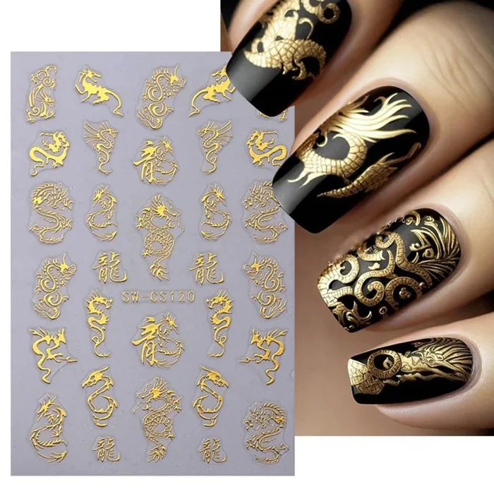 Sticker dán móng tay nail 3D mẫu Rồng Vàng và Rồng Bạc sang trọng sticker  Tết đón năm mới 2024