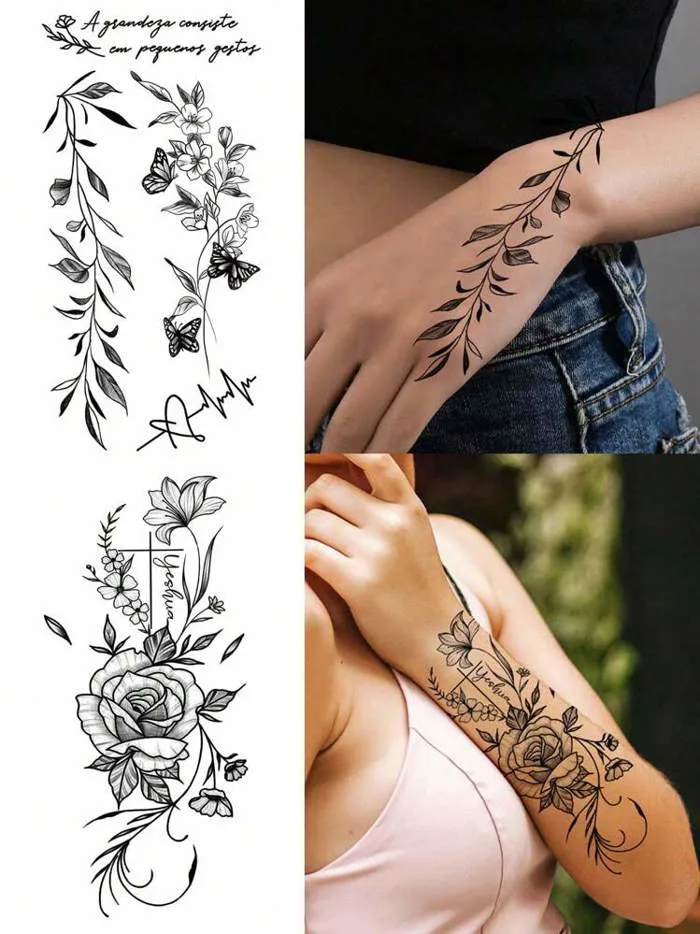 2 miếng dán hình xăm hoa và bướm cho phụ nữ, hình xăm tạm thời hình lá hoa  để trang trí tay, cánh tay và cơ thể, hình xăm giả màu đen