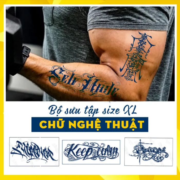 KingT】Hình xăm dán 15 ngày CHỮ NGHỆ THUẬT ĐỘC LẠ cho nam nữ - Hình xăm dán  tạm thời màu mực Xanh lam Đen hàng loại 1 pha chế với công thức