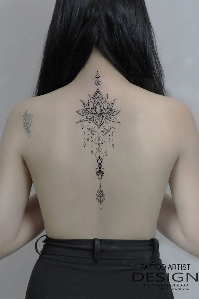 Lotus flower Mandala tattoo - hình xăm hoa Sen Mandala mini dọc sóng lưng -  Tú Watercolor
