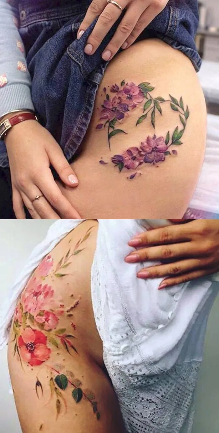 Hinh xăm bên đùi cho nữ sexy hoặc che sẹo rạn da rất đẹp