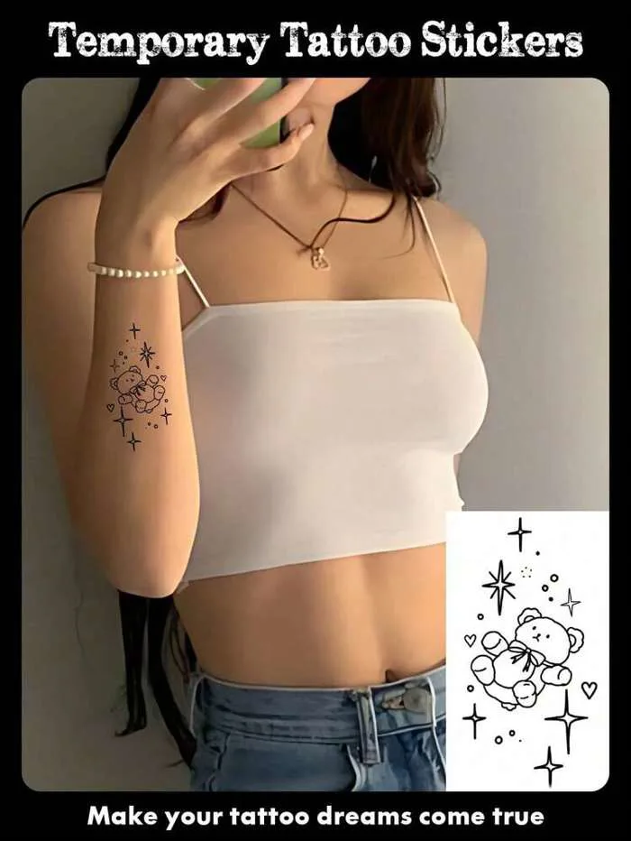 1 Tờ Hình Xăm Tạm Thời Cho Nữ, Dùng Cho Lưng, Eo, Bụng, Nghệ Thuật Cơ Thể,  Họa Tiết Gấu Sao Đen Dễ Thương, Hình Xăm Giả Chống Nước, Giữ Được 2-5