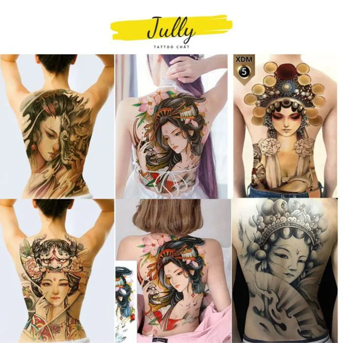 hình xăm dán kín full bít lưng cô gái nhật Geisha JULLY Tattoo chất (kích  thước 48x34cm) hình xăm chống nước xăm tạm thời an toàn bền đẹp Hình Xăm Dễ  Sử