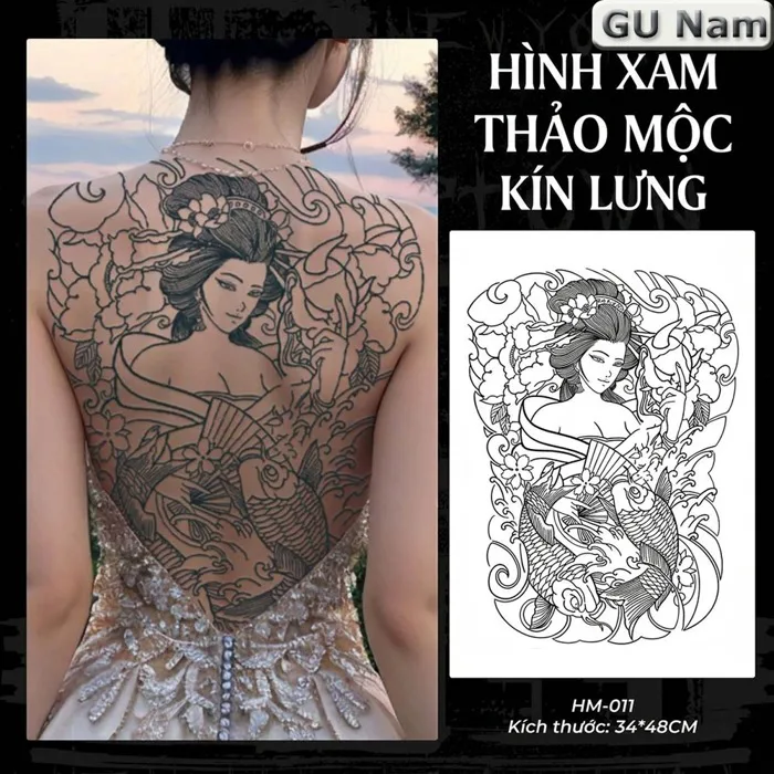 Hình xăm full lưng geisha thiếu nữ bên cá chép HM-011, miếng dán hình xăm  15 ngày chống nước nhật cổ 24h lên hình