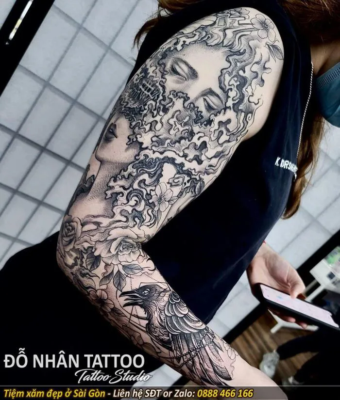 Hình xăm cô gái full tay | Nghệ thuật tạo hình, Hình xăm cổ, Nữ tattoo