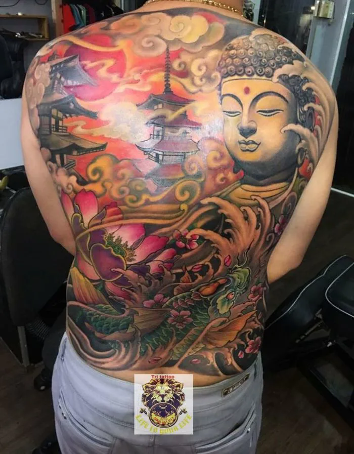 Hình xăm Full lưng , Tattoo bít lưng hình Phật và cá chép