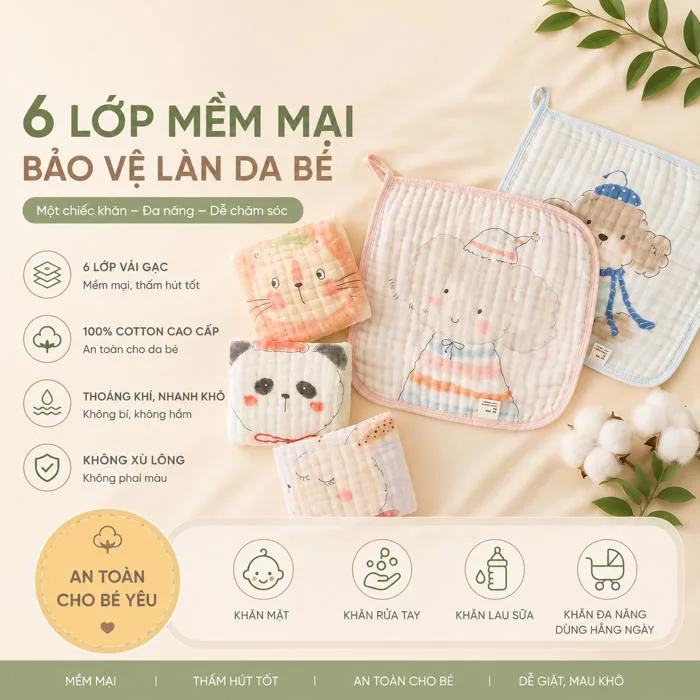 Set 5 khăn sữa cho bé in hình thú sợi bông tre 6 lớp, khăn xô cao cấp siêu  thấm hút, mềm mại, kháng khuẩn cho trẻ sơ sinh