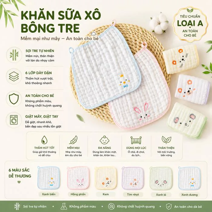 Set 5 khăn sữa cho bé in hình thú sợi bông tre 6 lớp, khăn xô cao cấp siêu  thấm hút, mềm mại, kháng khuẩn cho trẻ sơ sinh