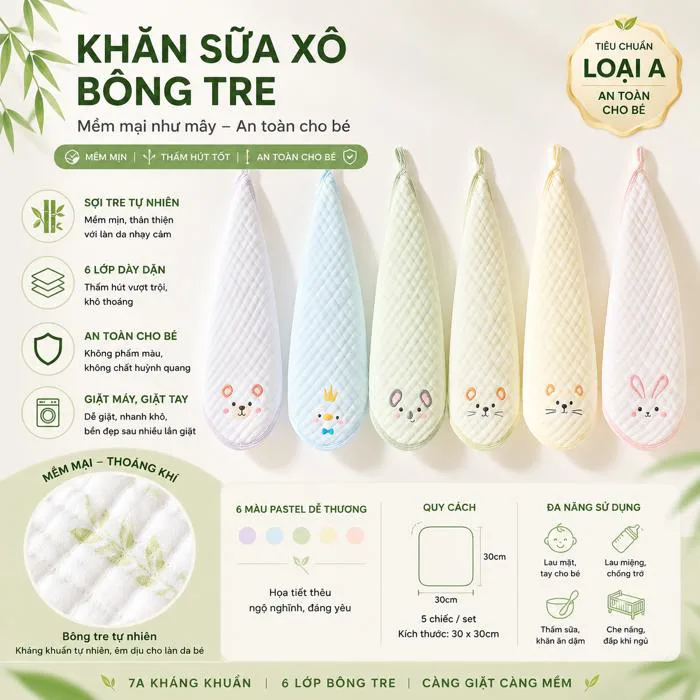 Set 5 khăn sữa cho bé in hình thú sợi bông tre 6 lớp, khăn xô cao cấp siêu  thấm hút, mềm mại, kháng khuẩn cho trẻ sơ sinh