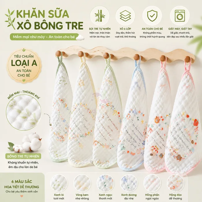 Set 5 khăn sữa cho bé in hình thú sợi bông tre 6 lớp, khăn xô cao cấp siêu  thấm hút, mềm mại, kháng khuẩn cho trẻ sơ sinh