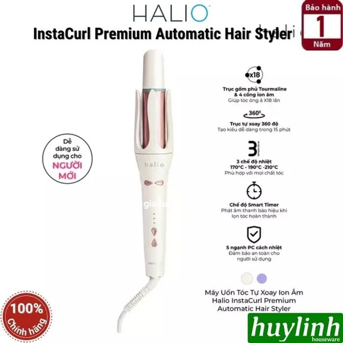 Máy uốn tóc tự xoay ion âm Halio instaCurl Premium Automatic Hair Styler