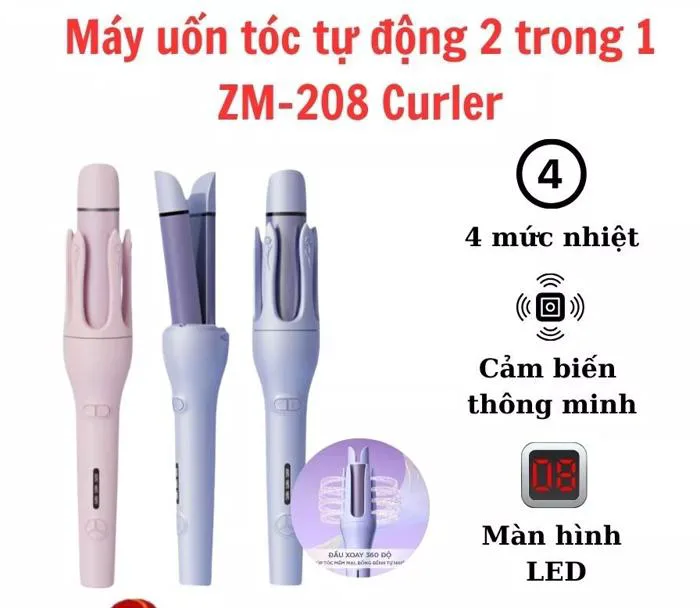 Máy Uốn Tóc Xoăn Tự Động Xoay 360 Độ 28mm Automatic Curler 2 in 1 Chất Liệu  Gốm Sứ ZM-208