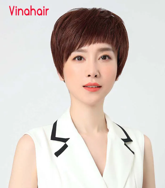 Tóc giả nữ tém nguyên đầu nâu có da đầu bằng tóc thật - Tóc giả VINAHAIR