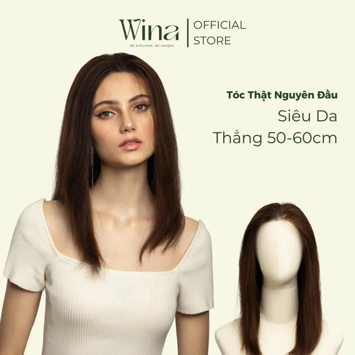 Tóc Giả Nguyên Đầu Nữ Dài Bằng Tóc Thật Thẳng Nâu Sẫm 50cm