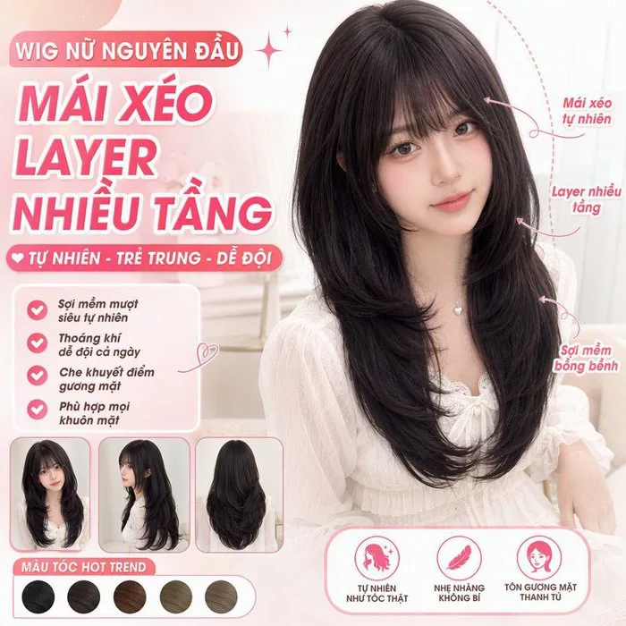 Tóc Giả Nữ Nguyên Đầu Tóc Thẳng Layer Mái Bằng Sợi Chịu Nhiệt Dễ Đội Tự  Nhiên Đi Làm Đi Học