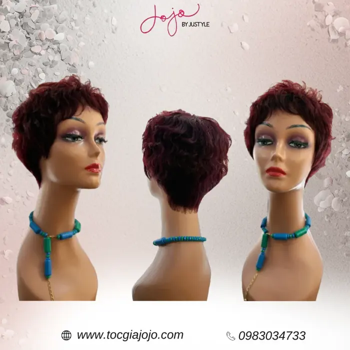 Tóc Giả Nguyên Đầu Tóc Thật Ngắn Xoăn Nhẹ Màu Đỏ Rượu - Tóc Giả Jojo