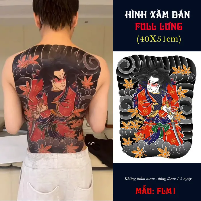 Hình xăm dán full lưng màu samurai nhật cổ, dùng được 1-5 ngày, kích thước  40x51 cm
